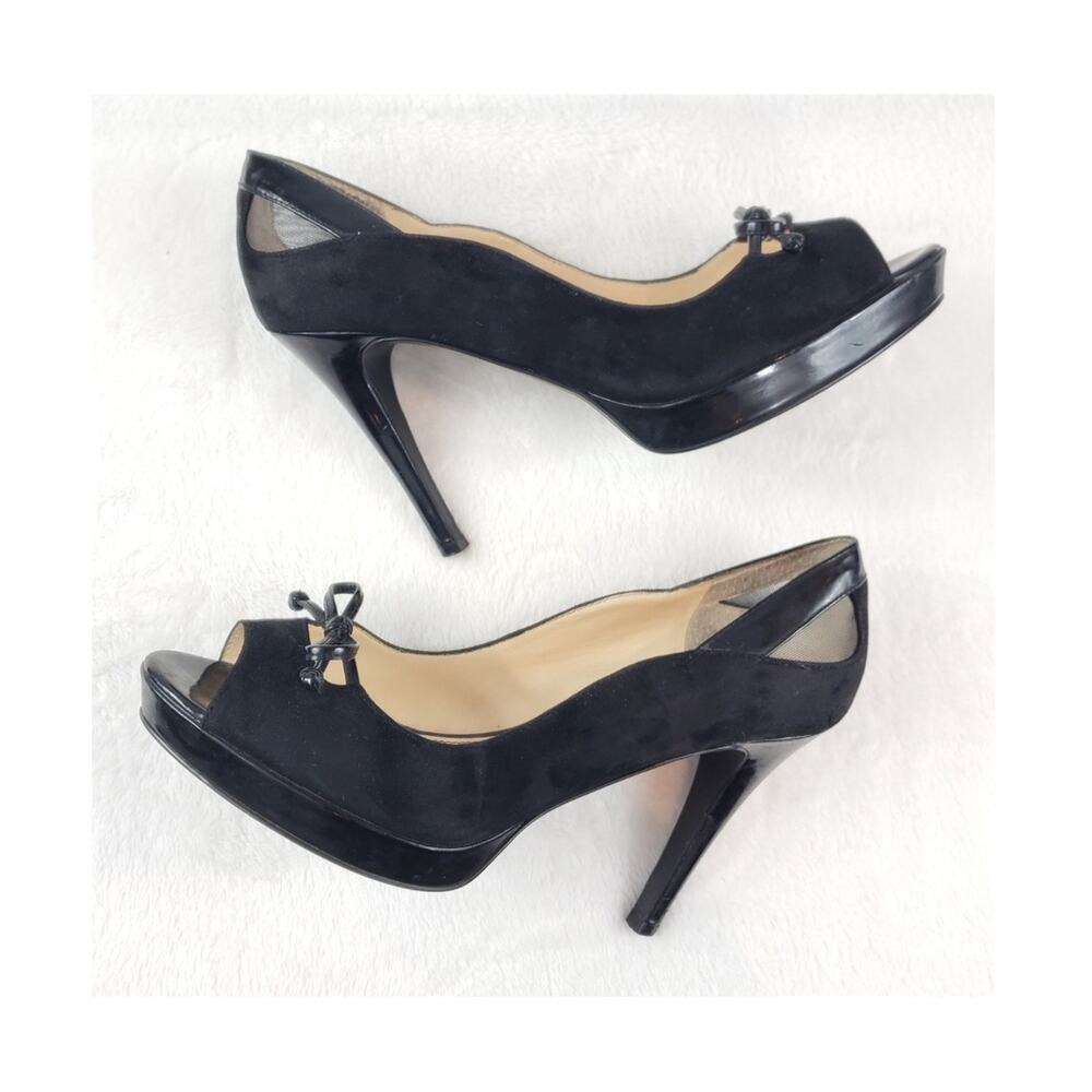 Marc Fisher Violat Pumps Women 8M Black Leather Suede Stiletto Peep Toe Bow Heel